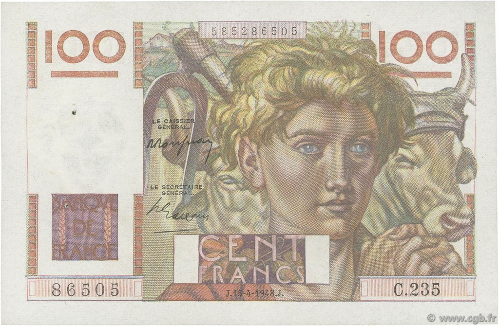 100 Francs JEUNE PAYSAN FRANCE  1948 F.28.17 AU-