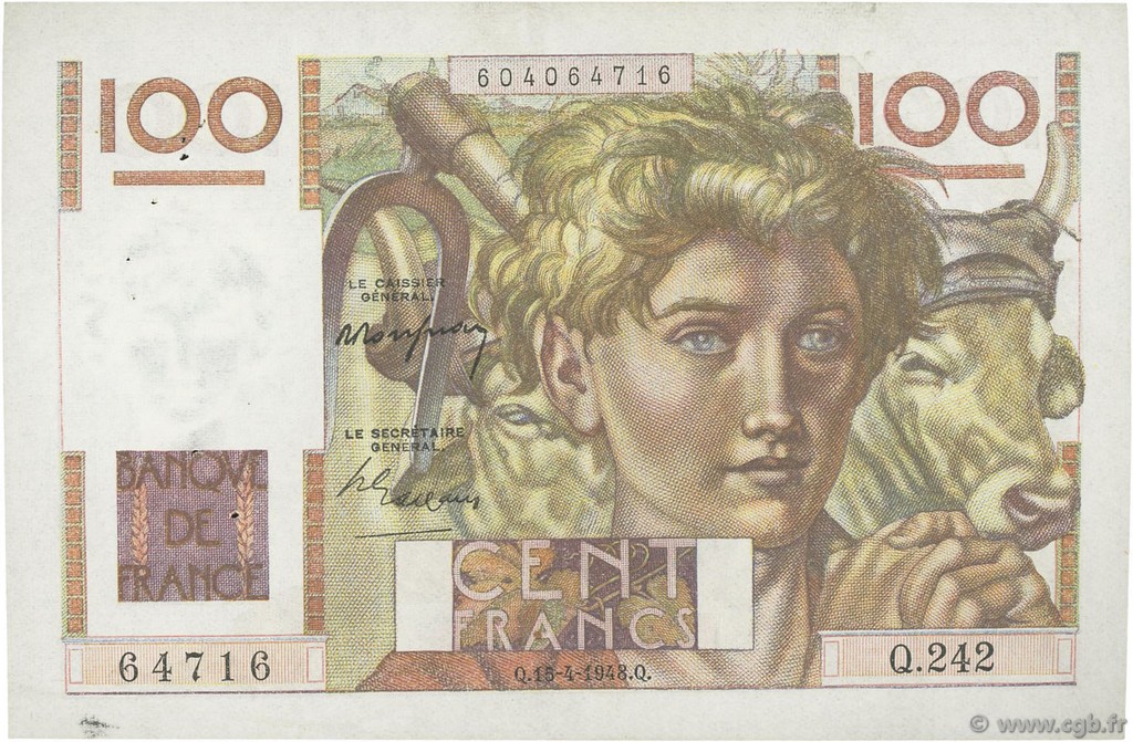100 Francs JEUNE PAYSAN FRANCE  1948 F.28.17 TTB
