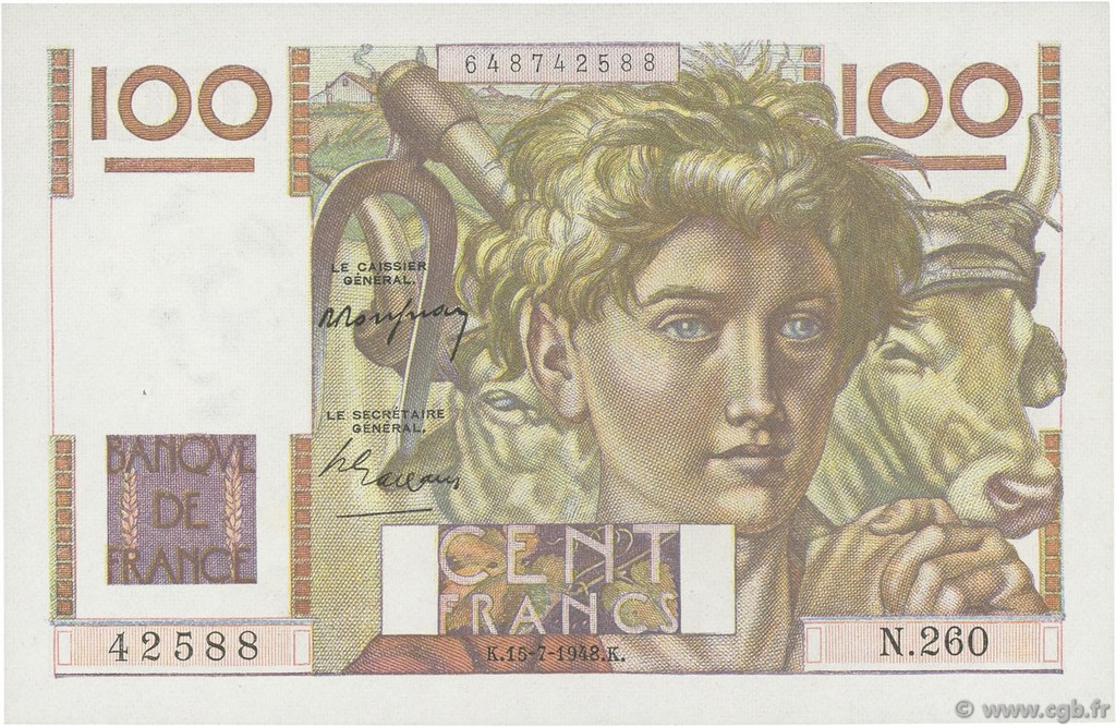 100 Francs JEUNE PAYSAN FRANCE  1948 F.28.19 SPL