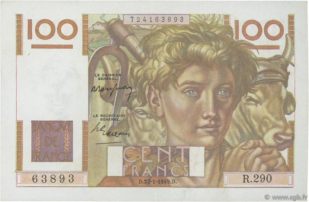 100 Francs JEUNE PAYSAN FRANCIA  1949 F.28.21 EBC
