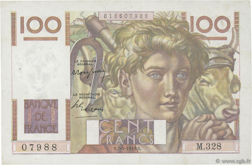 100 Francs JEUNE PAYSAN FRANCE  1949 F.28.23 pr.SUP