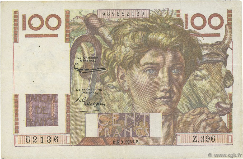 100 Francs JEUNE PAYSAN FRANCE  1951 F.28.29 TTB