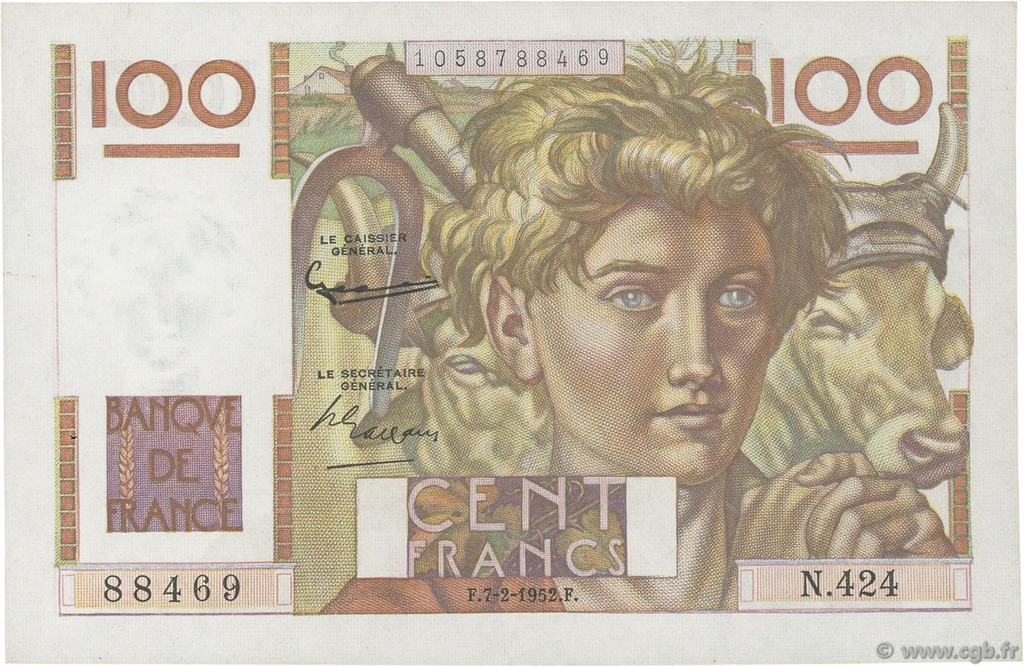 100 Francs JEUNE PAYSAN FRANCE  1952 F.28.31 SUP