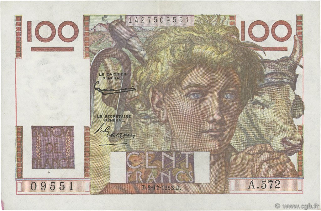 100 Francs JEUNE PAYSAN FRANCE  1953 F.28.40 SUP