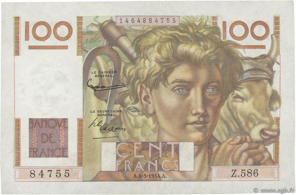 100 Francs JEUNE PAYSAN FRANCE  1954 F.28.42 TTB+