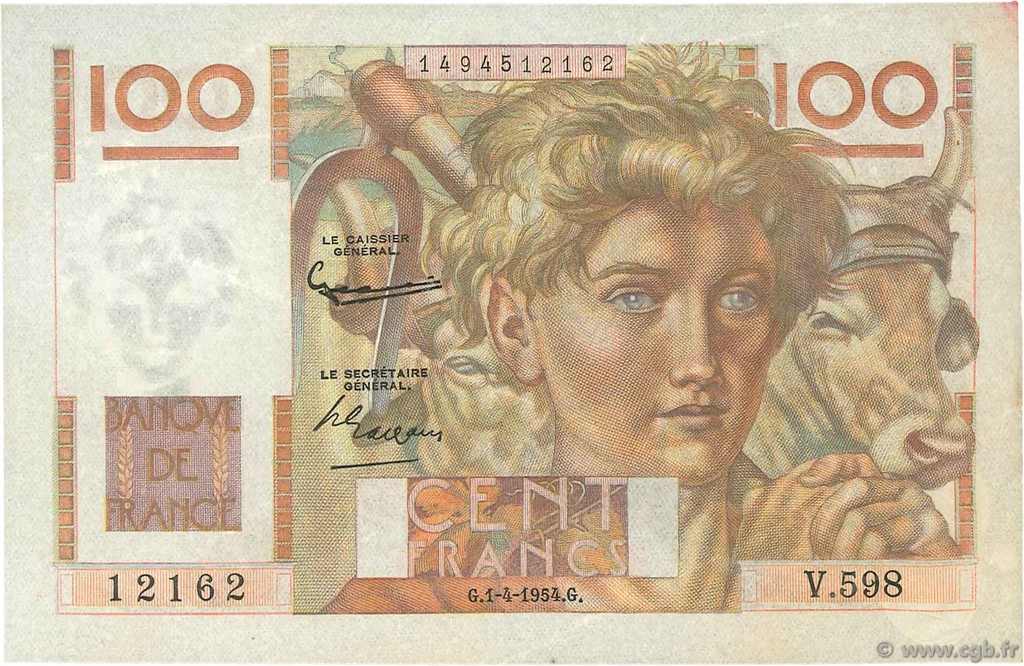 100 Francs JEUNE PAYSAN FRANCE  1954 F.28.43 TTB