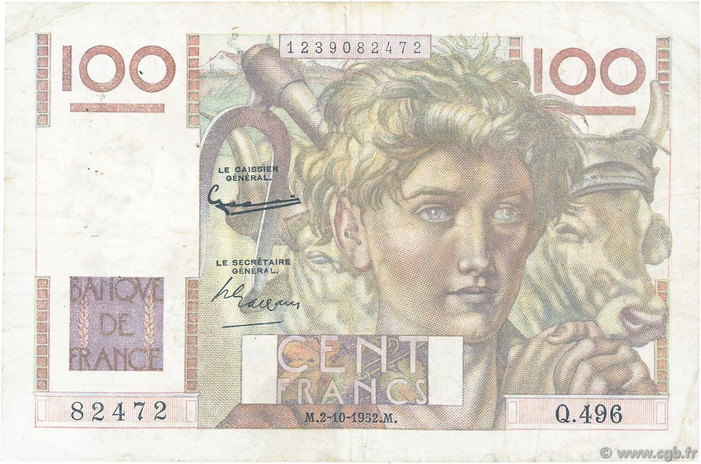 100 Francs JEUNE PAYSAN filigrane inversé FRANCE  1952 F.28bis.01 TB