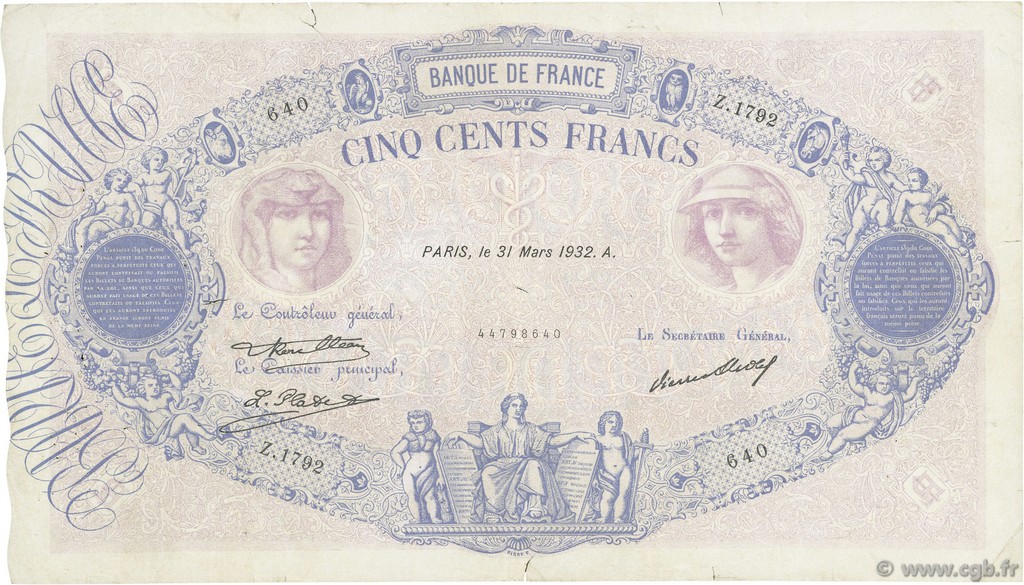 500 Francs BLEU ET ROSE FRANCE  1932 F.30.35 TB