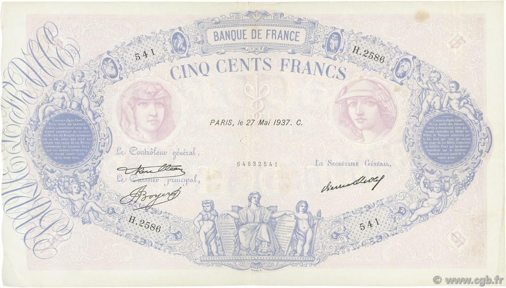 500 Francs BLEU ET ROSE FRANCE  1937 F.30.38 TTB