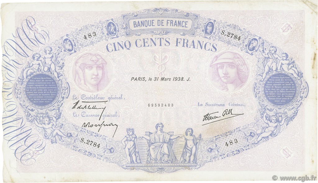 500 Francs BLEU ET ROSE modifié FRANCE  1938 F.31.07 F+