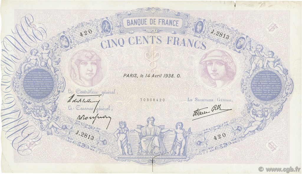 500 Francs BLEU ET ROSE modifié FRANCE  1938 F.31.08 TB+