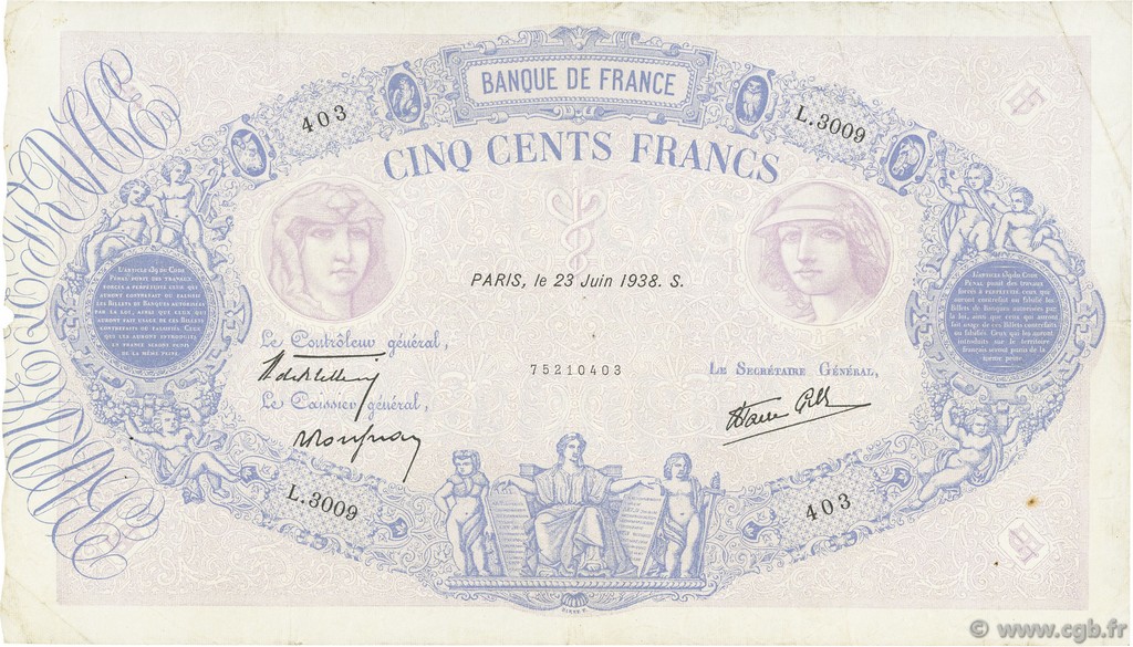 500 Francs BLEU ET ROSE modifié FRANCE  1938 F.31.16 TB+