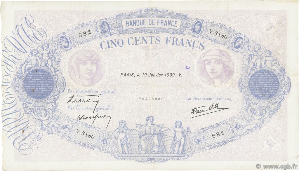 500 Francs BLEU ET ROSE modifié FRANCE  1939 F.31.23 TB+