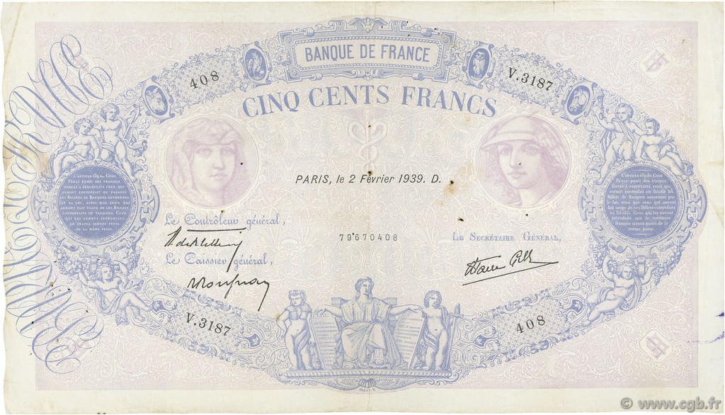 500 Francs BLEU ET ROSE modifié FRANCE  1939 F.31.24 TB+
