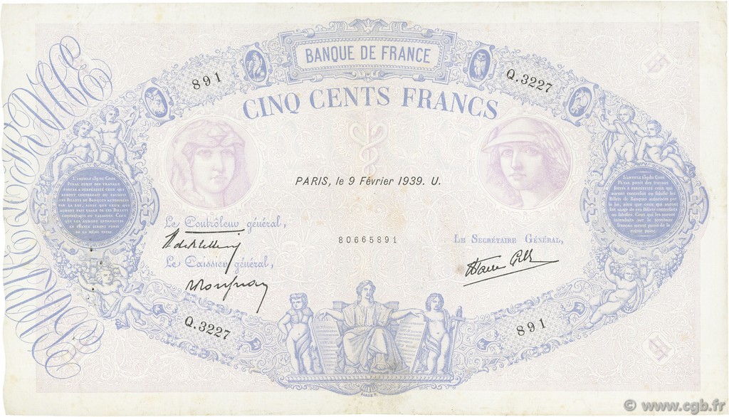 500 Francs BLEU ET ROSE modifié FRANCE  1939 F.31.25 TTB