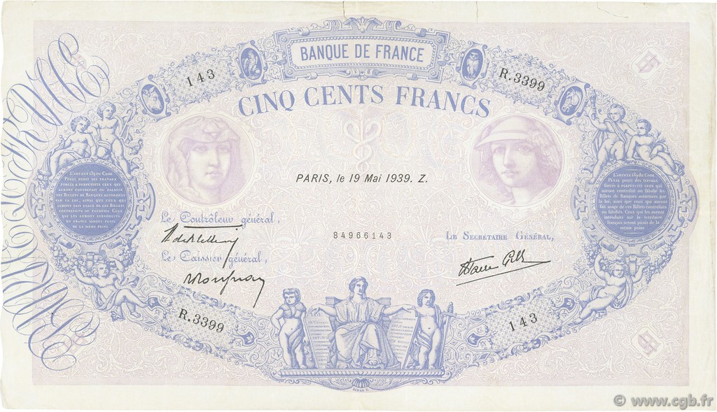 500 Francs BLEU ET ROSE modifié FRANCE  1939 F.31.32 TTB+