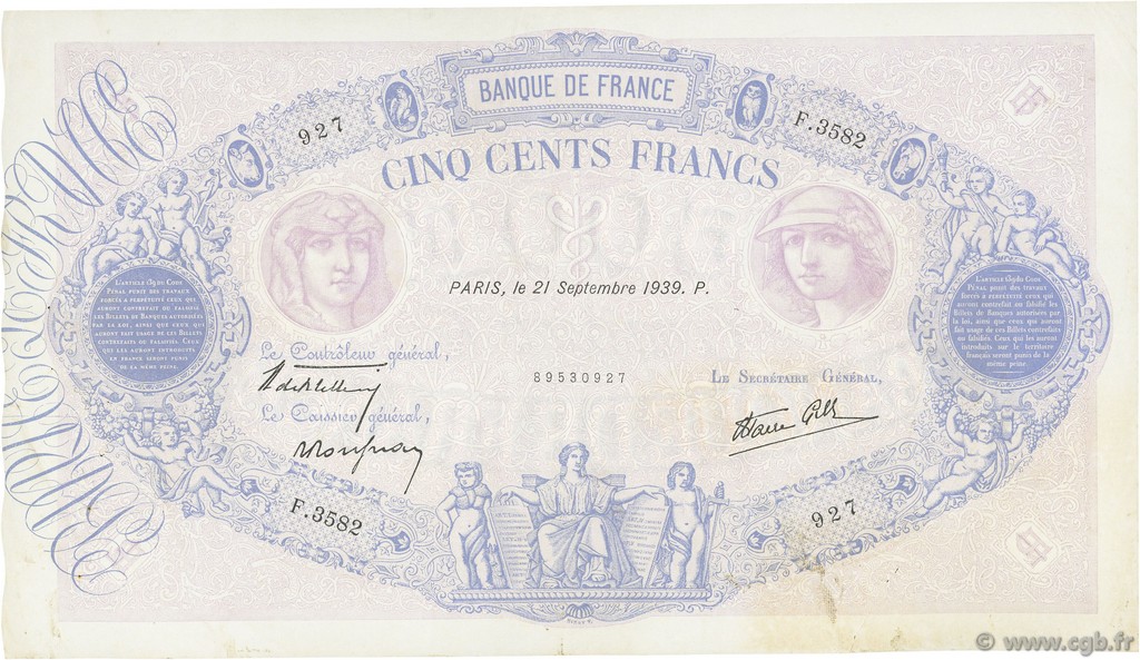 500 Francs BLEU ET ROSE modifié FRANCE  1939 F.31.40 TTB