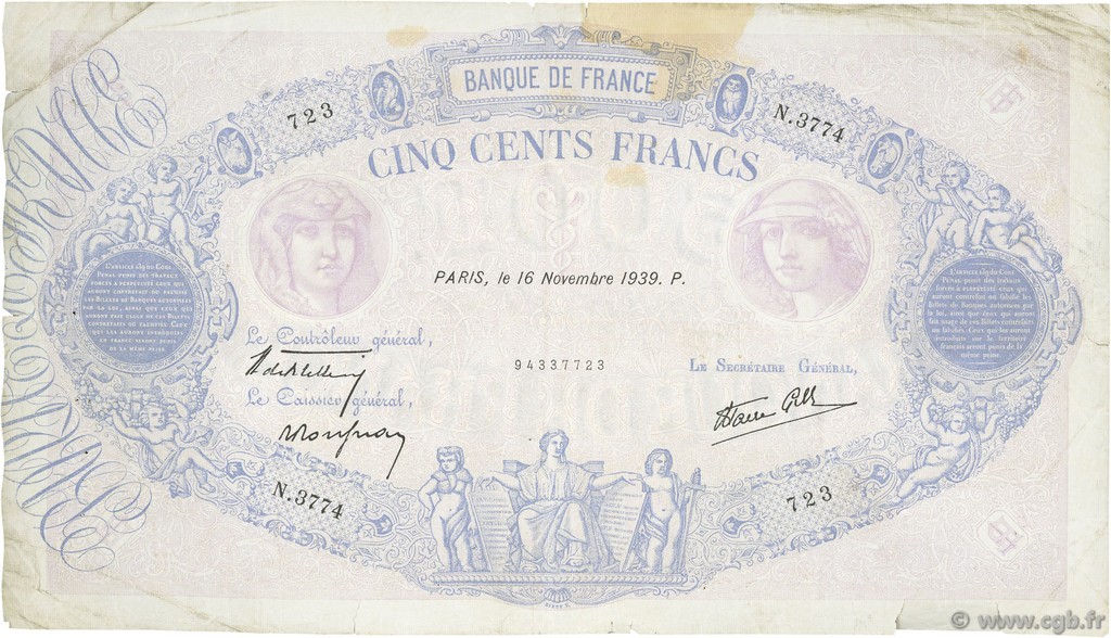 500 Francs BLEU ET ROSE modifié FRANCE  1939 F.31.48 TB