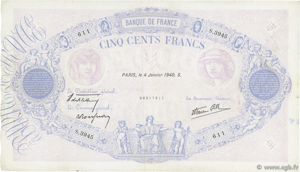 500 Francs BLEU ET ROSE modifié FRANCE  1940 F.31.55 pr.TTB