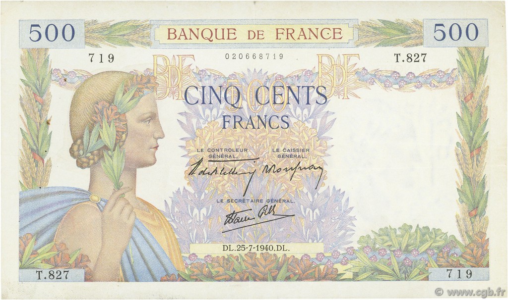 500 Francs LA PAIX FRANCE  1940 F.32.05 TTB
