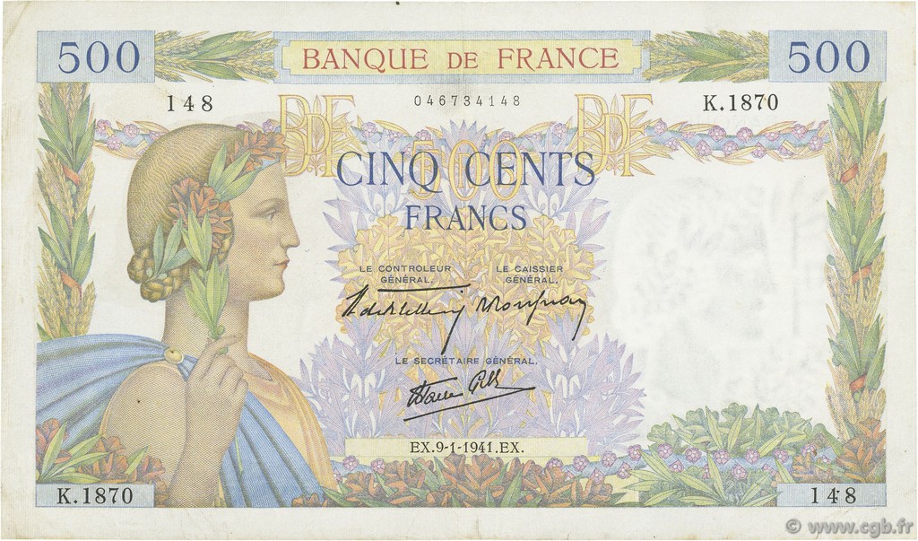 500 Francs LA PAIX FRANCE  1941 F.32.12 TTB
