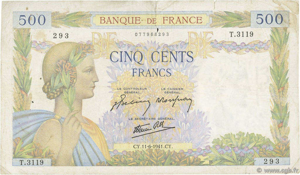 500 Francs LA PAIX FRANCE  1941 F.32.18 TB