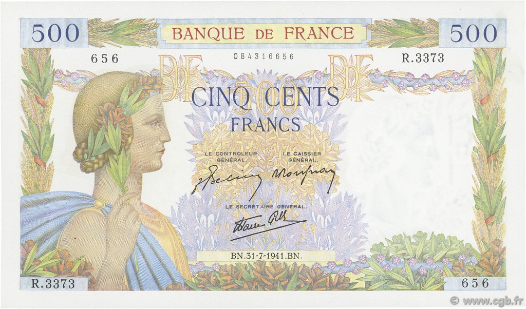 500 Francs LA PAIX FRANCE  1941 F.32.20 SUP