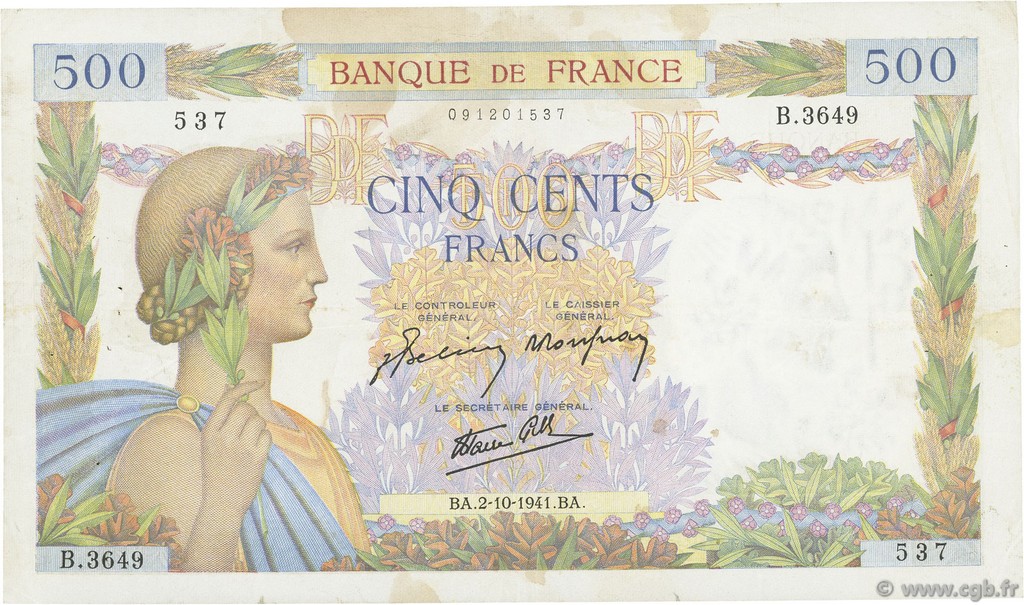 500 Francs LA PAIX FRANCE  1941 F.32.22 TB+
