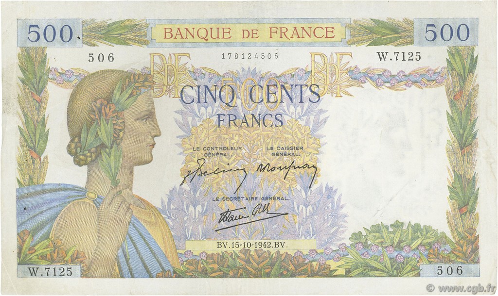 500 Francs LA PAIX FRANCE  1942 F.32.42 TTB