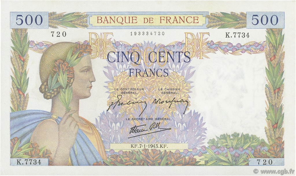 500 Francs LA PAIX FRANCE  1943 F.32.44 SPL+