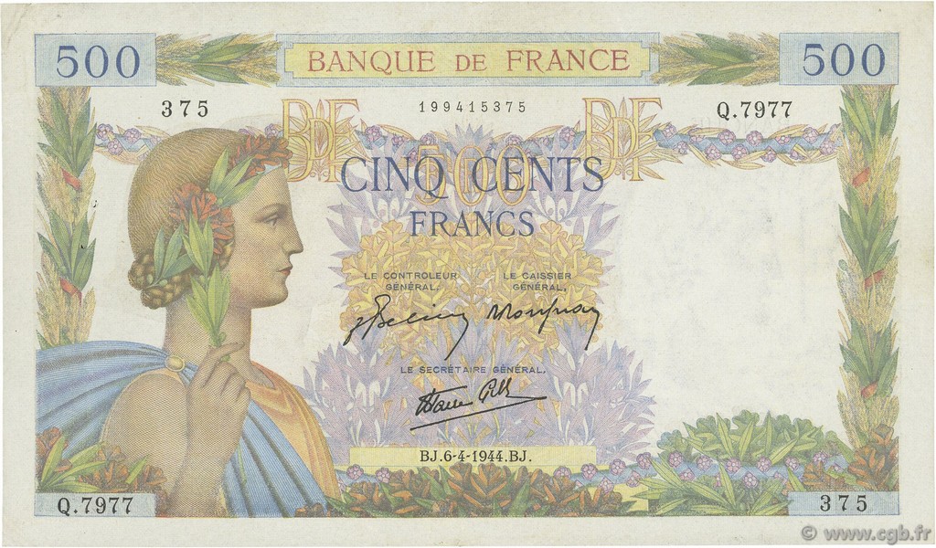 500 Francs LA PAIX FRANCE  1944 F.32.46 pr.SUP