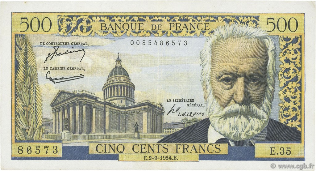 500 Francs VICTOR HUGO FRANCE  1954 F.35.03 TB+