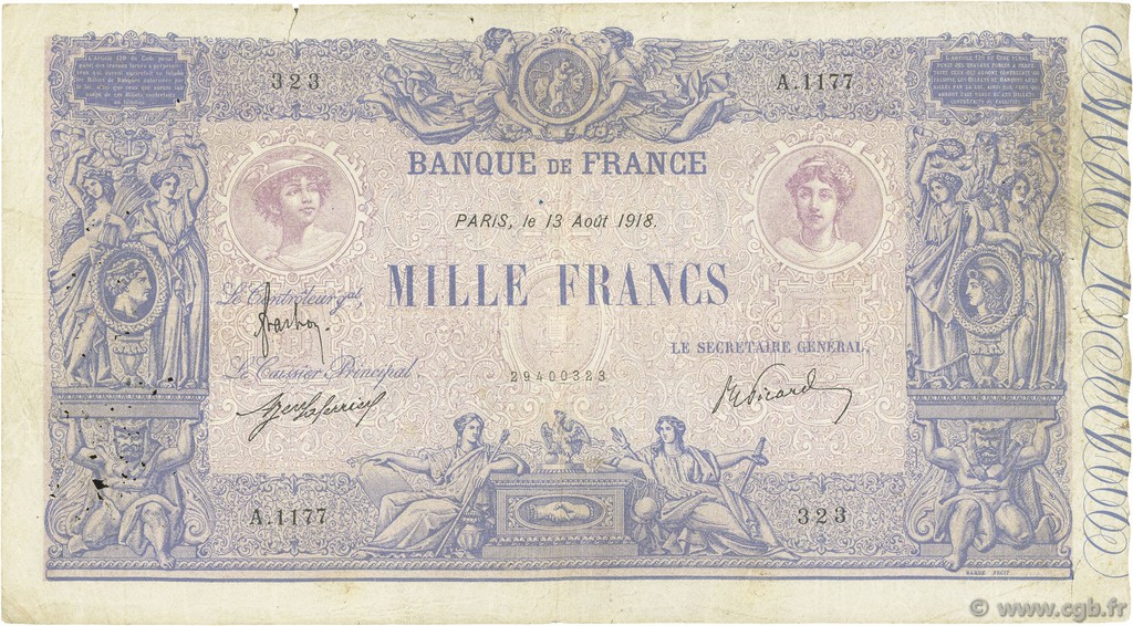 1000 Francs BLEU ET ROSE FRANCE  1918 F.36.32 pr.TB
