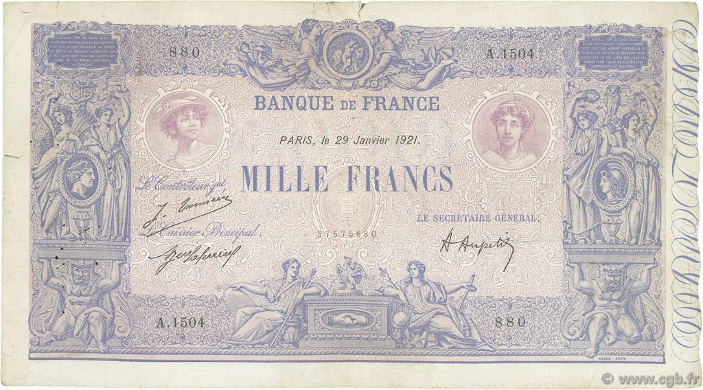 1000 Francs BLEU ET ROSE FRANCE  1921 F.36.37 B+