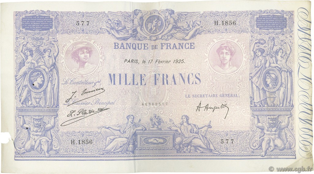 1000 Francs BLEU ET ROSE FRANKREICH  1925 F.36.41 fVZ
