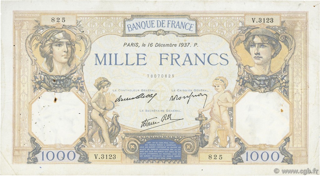 1000 Francs CÉRÈS ET MERCURE type modifié FRANCE  1937 F.38.07 TB