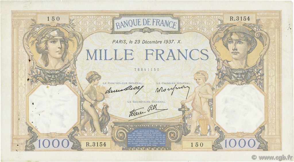 1000 Francs CÉRÈS ET MERCURE type modifié FRANCE  1937 F.38.08 TB+