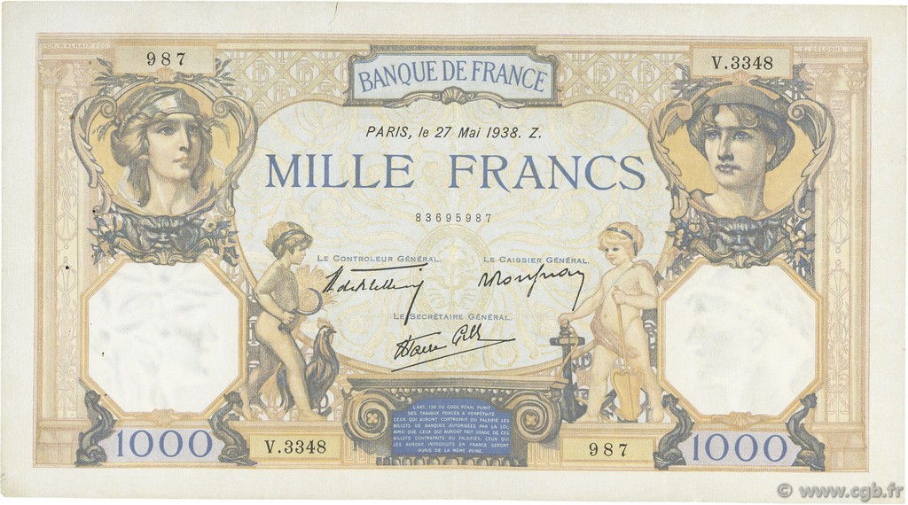 1000 Francs CÉRÈS ET MERCURE type modifié FRANCE  1938 F.38.16 TTB
