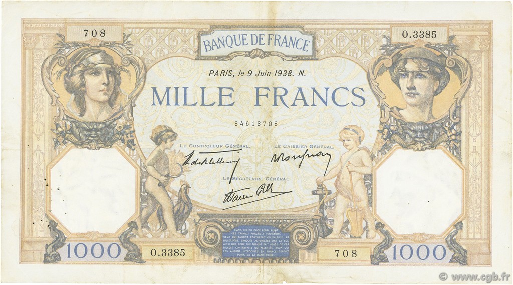 1000 Francs CÉRÈS ET MERCURE type modifié FRANCE 1938 F.38.18 TTB