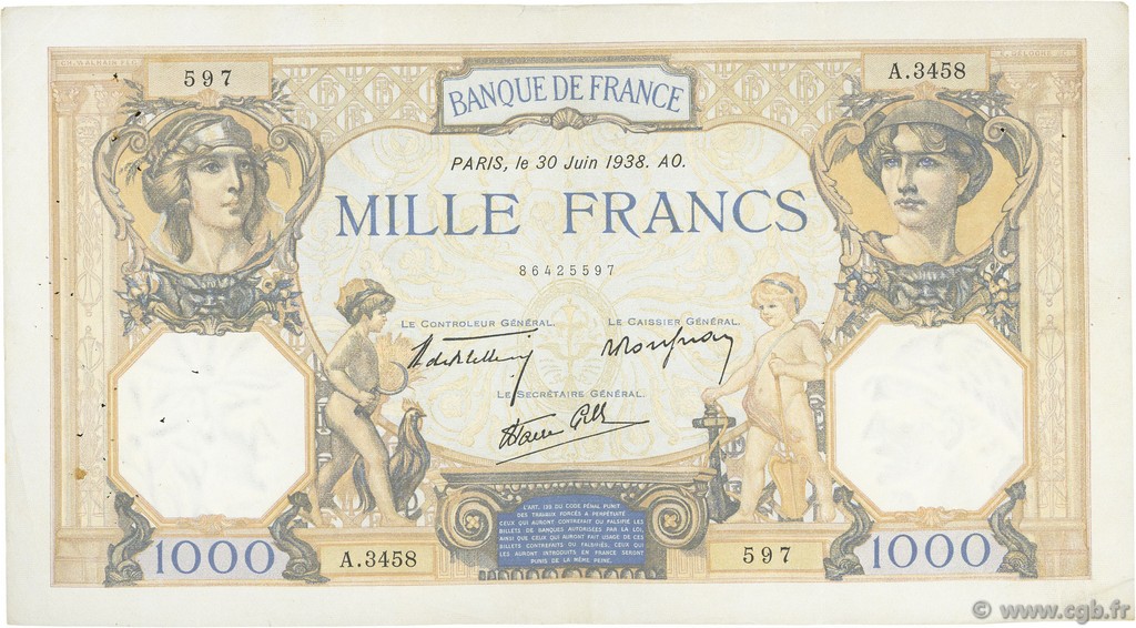 1000 Francs CÉRÈS ET MERCURE type modifié FRANCE  1938 F.38.21 TTB