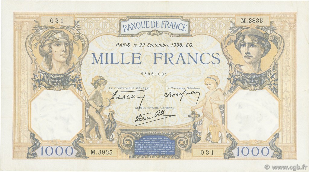 1000 Francs CÉRÈS ET MERCURE type modifié FRANCE  1938 F.38.27 TTB
