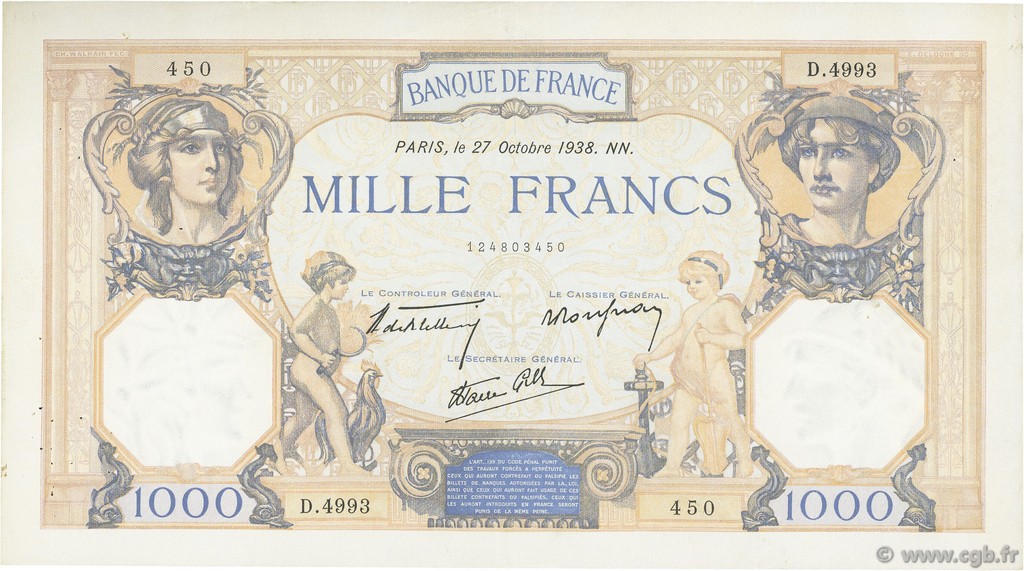 1000 Francs CÉRÈS ET MERCURE type modifié FRANCE  1938 F.38.31 TTB