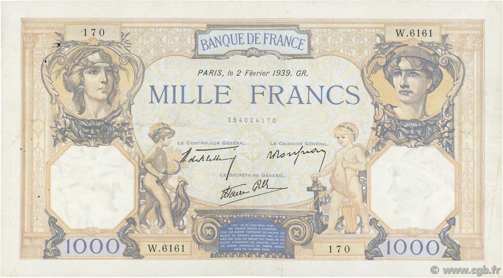 1000 Francs CÉRÈS ET MERCURE type modifié FRANCE  1939 F.38.34 pr.TTB