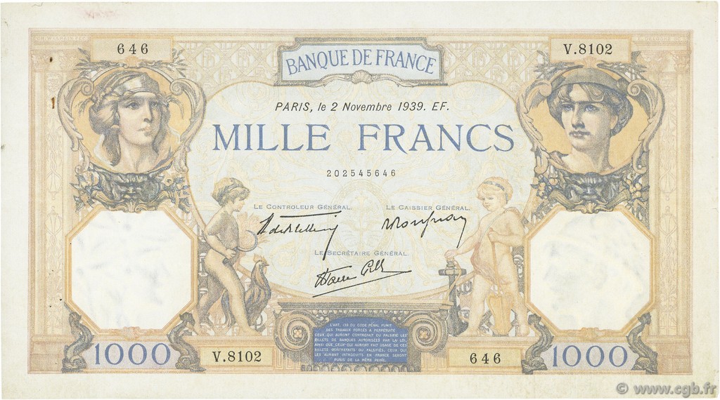 1000 Francs CÉRÈS ET MERCURE type modifié FRANCE  1939 F.38.38 TTB
