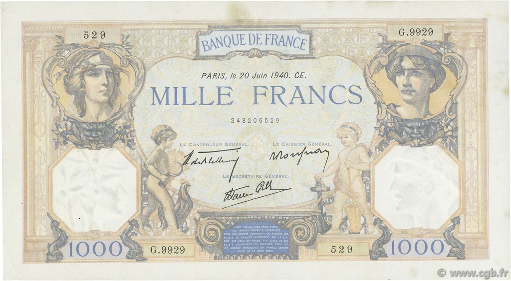 1000 Francs CÉRÈS ET MERCURE type modifié FRANCE  1940 F.38.49 TTB+