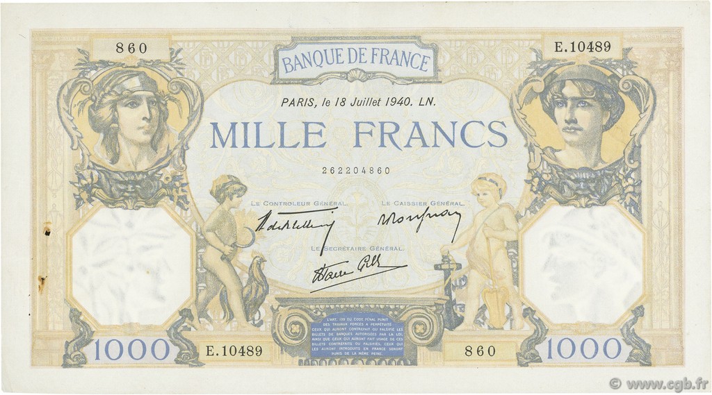 1000 Francs CÉRÈS ET MERCURE type modifié FRANCIA  1940 F.38.50 MBC