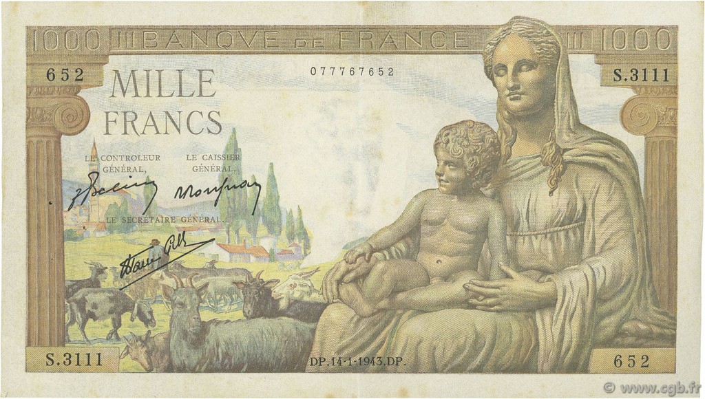 1000 Francs DÉESSE DÉMÉTER FRANCE  1943 F.40.16 TTB