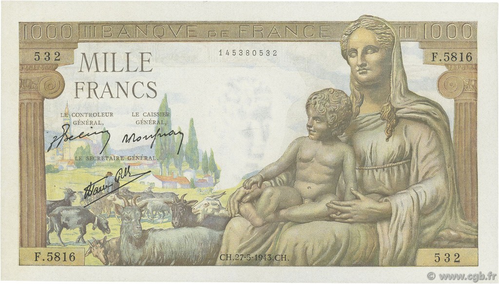 1000 Francs DÉESSE DÉMÉTER FRANKREICH  1943 F.40.25 fST