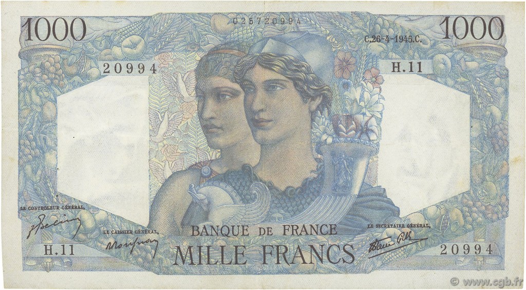 1000 Francs MINERVE ET HERCULE FRANCE  1945 F.41.02 TTB