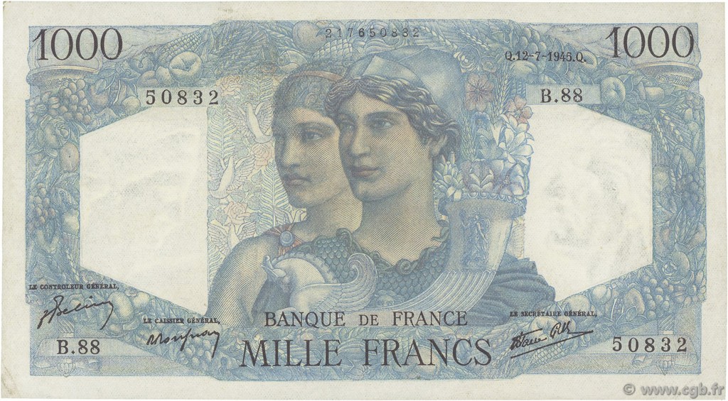 1000 Francs MINERVE ET HERCULE FRANCIA  1945 F.41.06 MBC